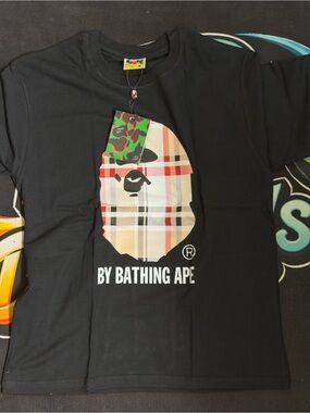 BAPE Short Sleeve Graphic Tee in Black with Plaid Ape Head